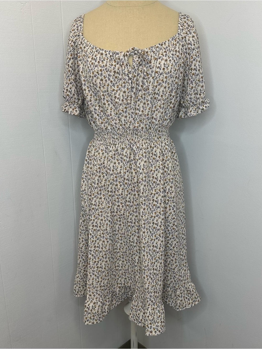 Monteau Large White Midi Dress with Blue & Brown Floral Print